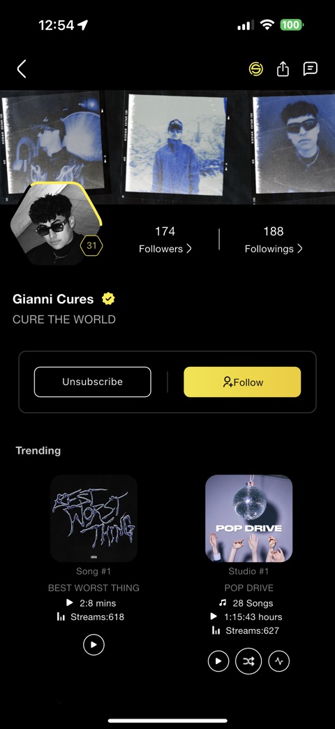 Creator profile with followers, trending songs and stream counts